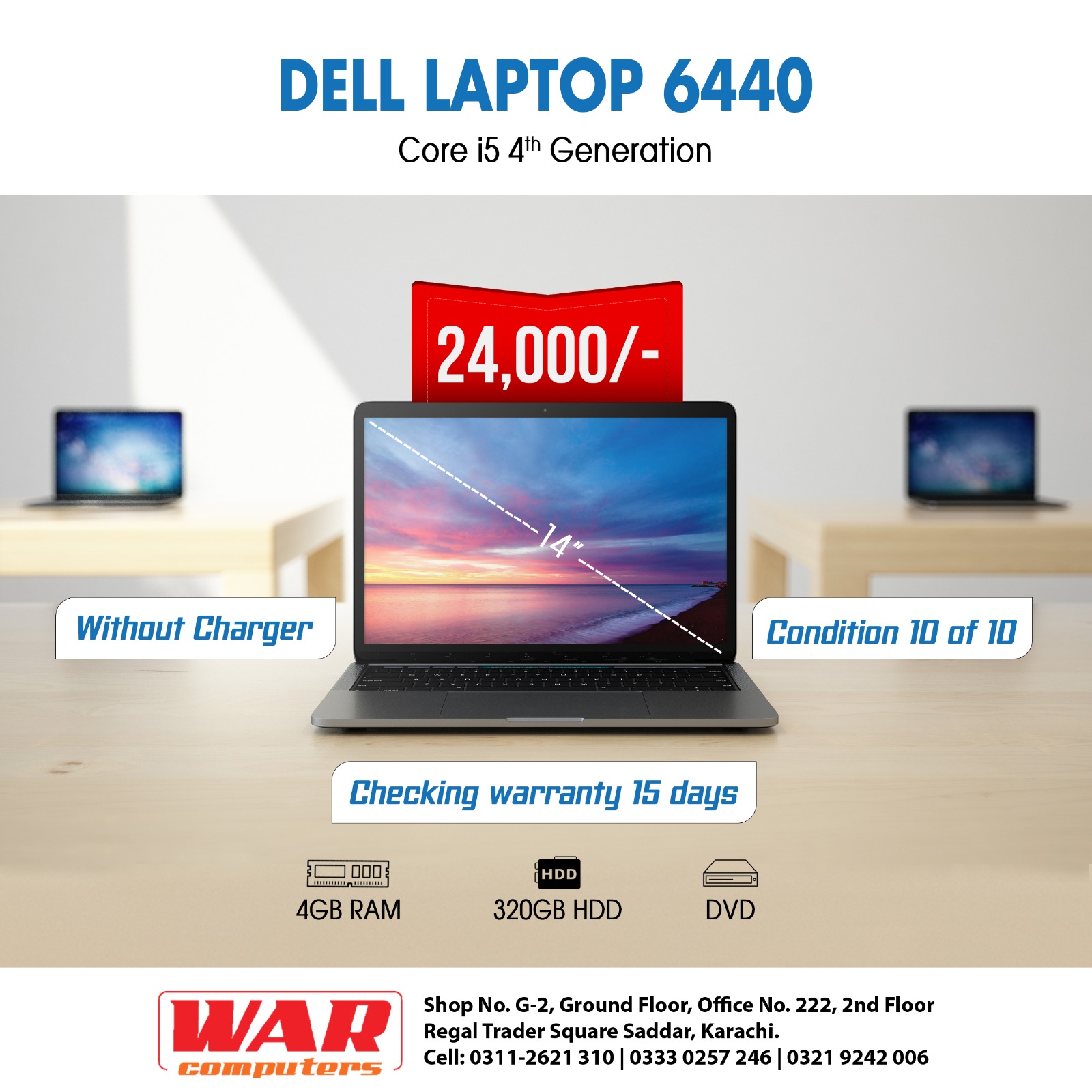 Dell latitude 6440 ci5 4th genertion 4gb PC3L rams 320gb HDD  optical drive 14 inch screen  silver color laptop